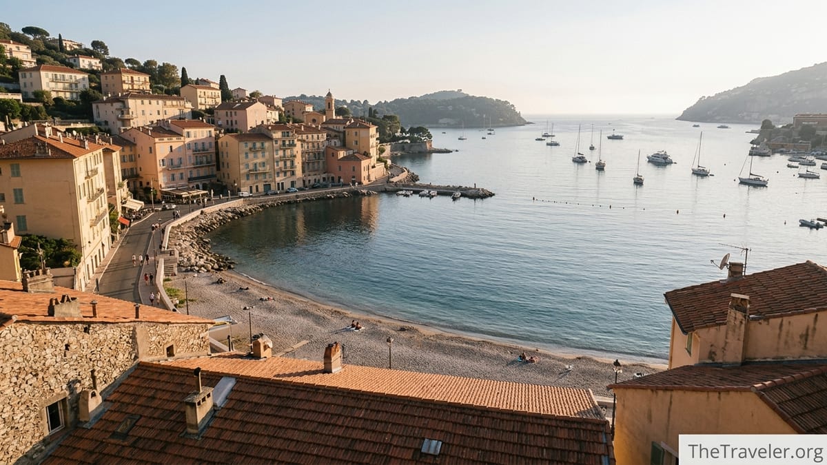 Golden hour view over Villefranche-sur-Mer’s harbor, village roofs and beach on the French Riviera.
