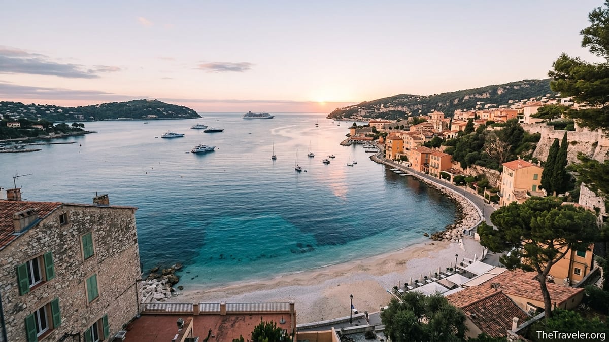 Sunrise view over Villefranche-sur-Mer bay with beach, old town and anchored boats on the French Riviera.
