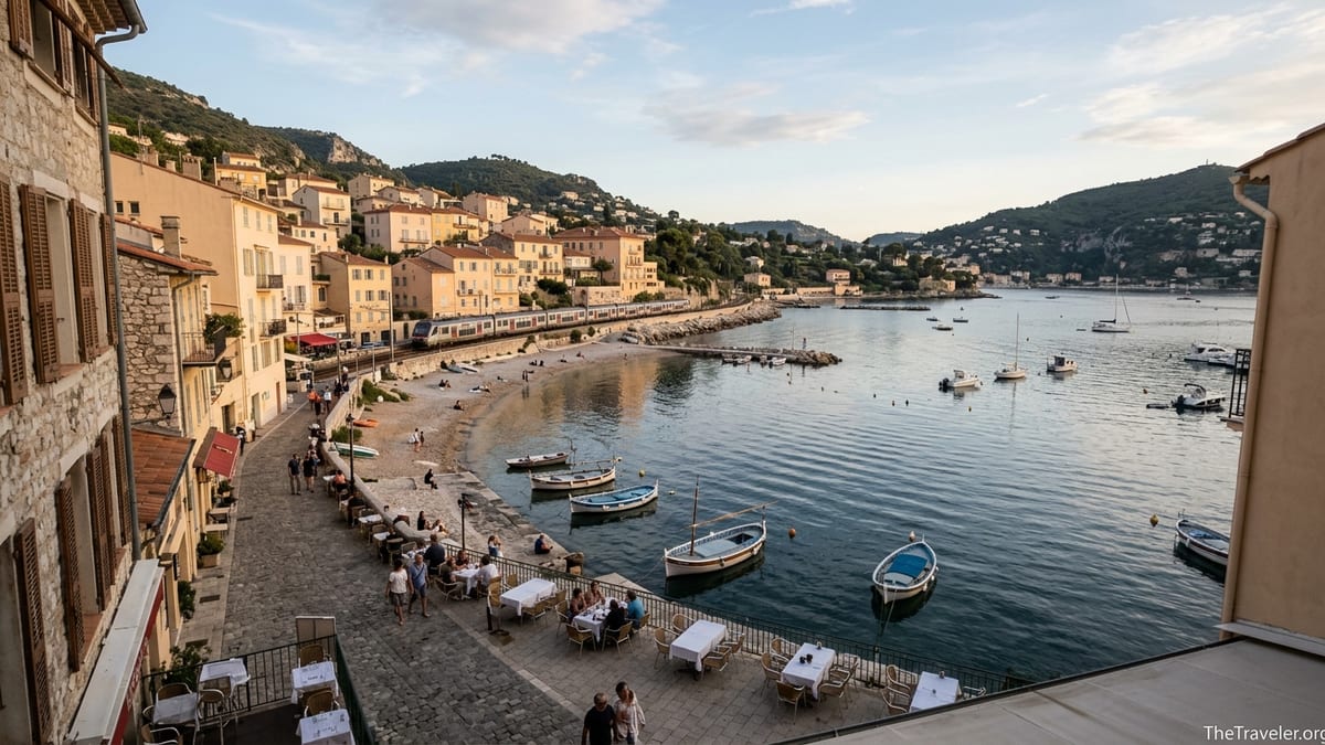 Evening view over Villefranche-sur-Mer bay with pastel houses, beach, and boats on the French Riviera.