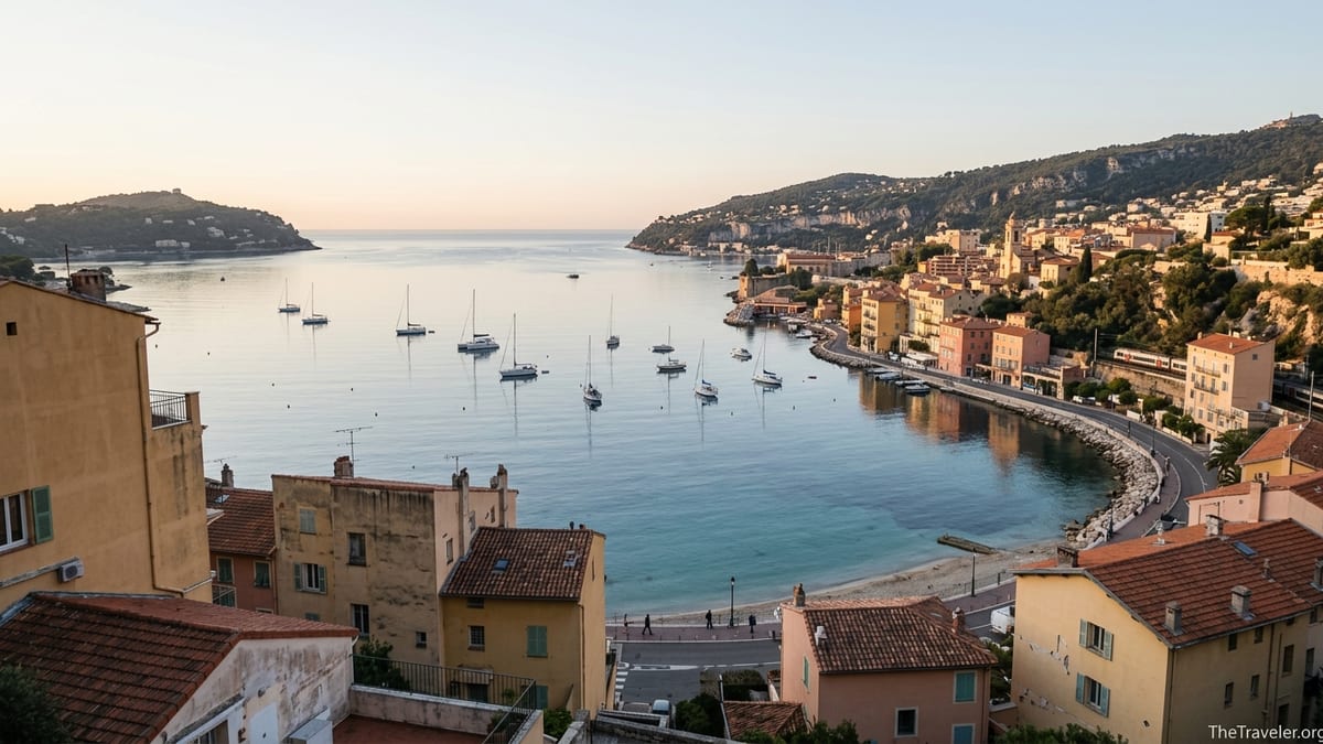 Sunrise over Villefranche-sur-Mer bay and old town seen from hillside above Plage des Marinières.