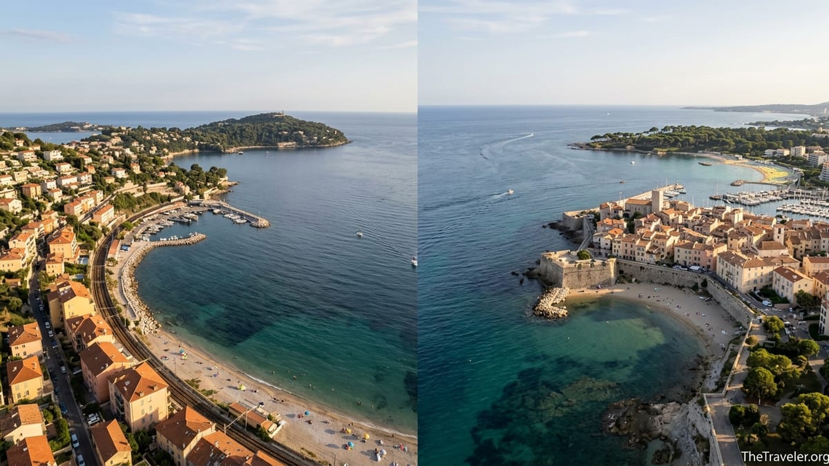 Aerial view of Villefranche-sur-Mer and Antibes coastline on a sunny afternoon.