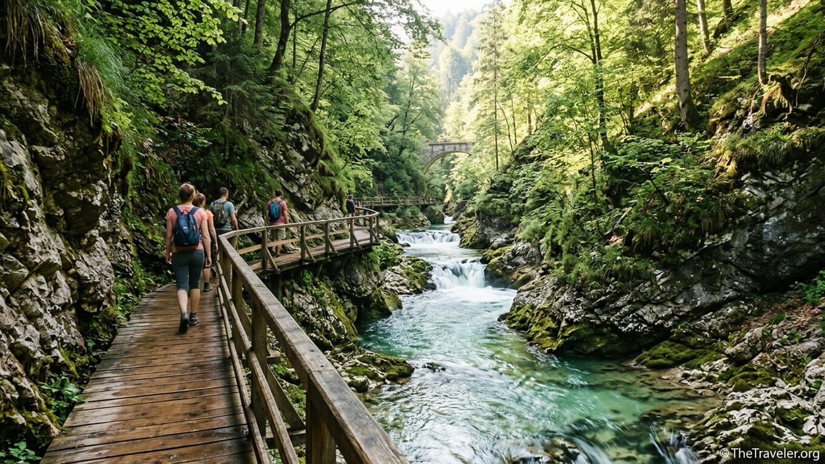 Wooden boardwalk above the turquoise Radovna River winding through Slovenia’s steep Vintgar Gorge on a sunny summer morning.