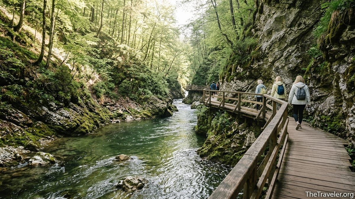 Visitors walking along the wooden boardwalk above the emerald river in Vintgar Gorge near Lake Bled.