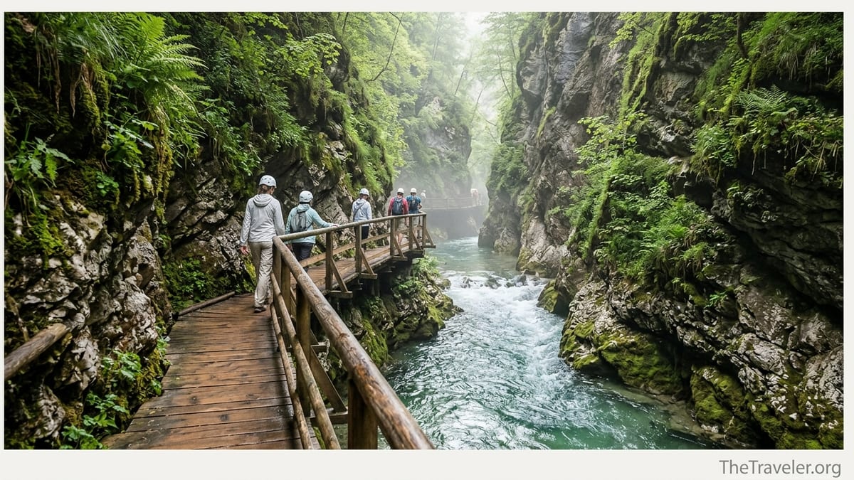 Visitors in helmets walking along the wooden boardwalk above the turquoise river in Vintgar Gorge, Slovenia.