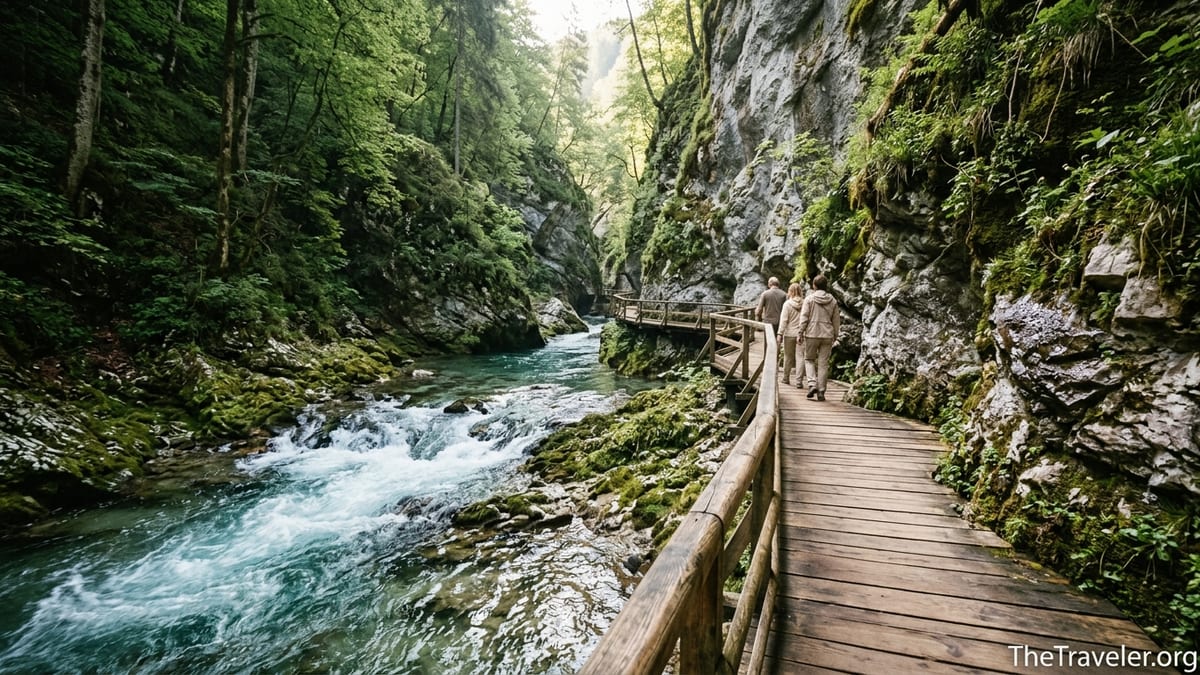 Boardwalk along turquoise river in Vintgar Gorge with hikers and steep mossy cliffs.