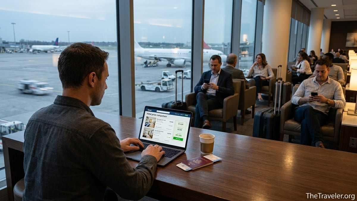 Traveler in an airport lounge comparing hotel prices on a laptop at dusk.