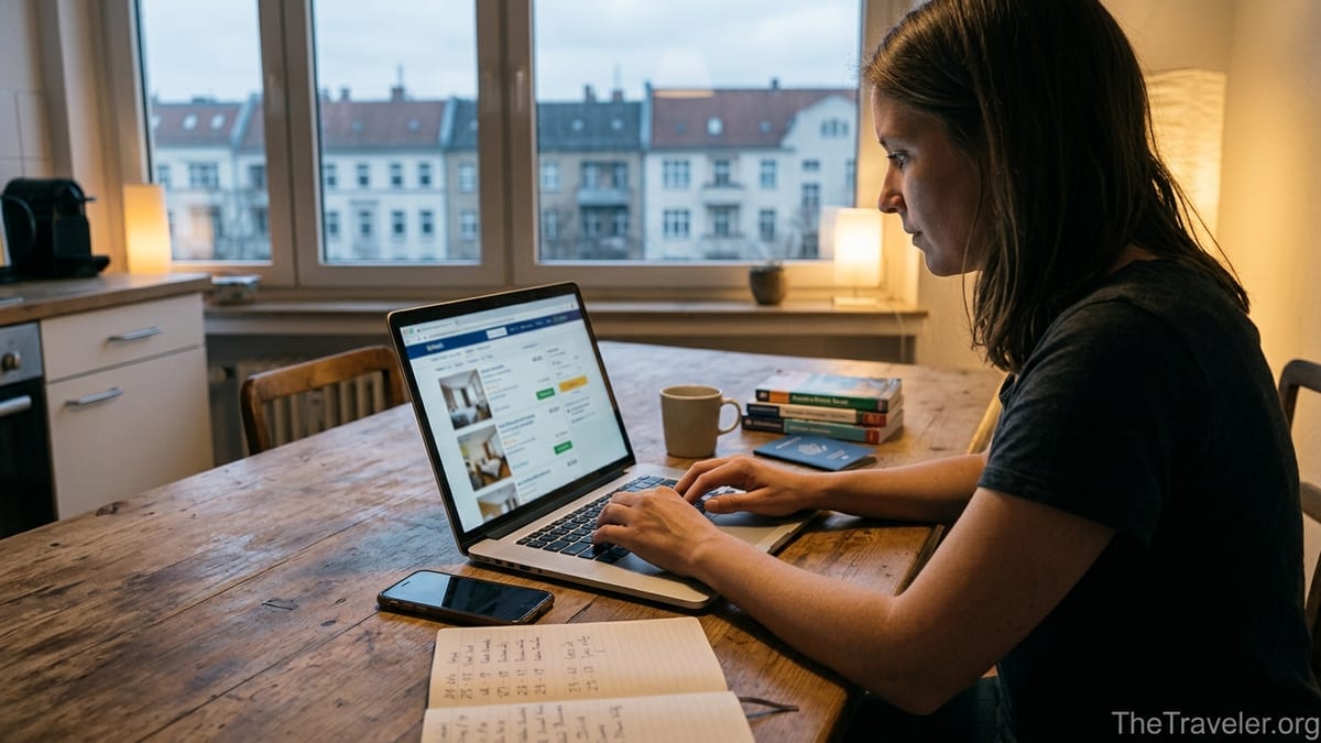 Traveler comparing hotel prices on a laptop at a kitchen table while planning a trip.