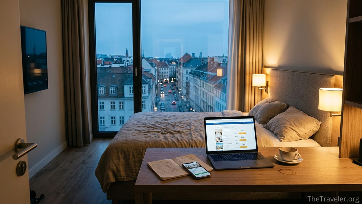 Laptop and phone on a hotel room desk comparing different hotel prices at twilight.