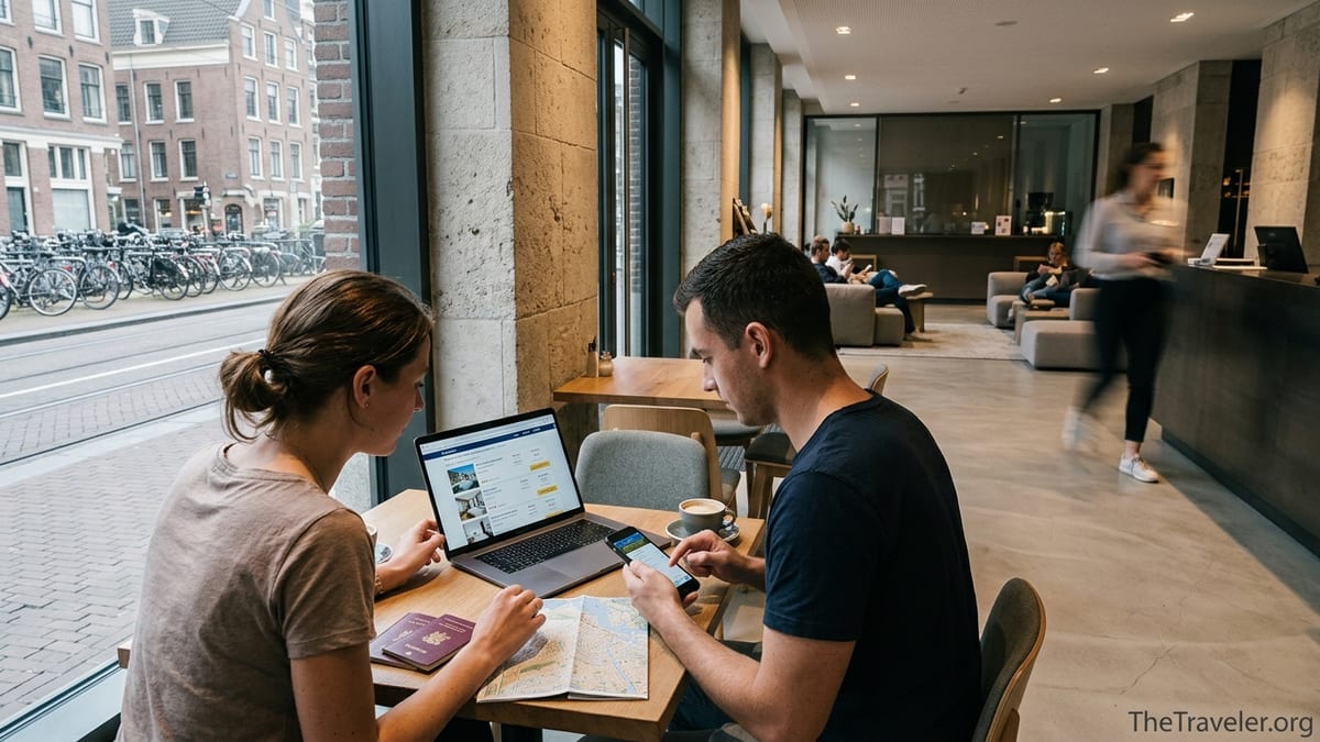 Travelers comparing hotel prices on laptop and phone in a modern hotel lobby café.