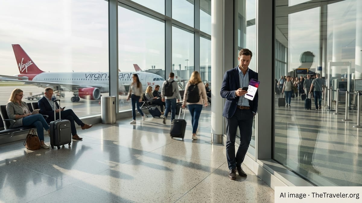 Traveler in a modern airport checks the Virgin Atlantic app on their phone with a red-tailed jet outside the window.