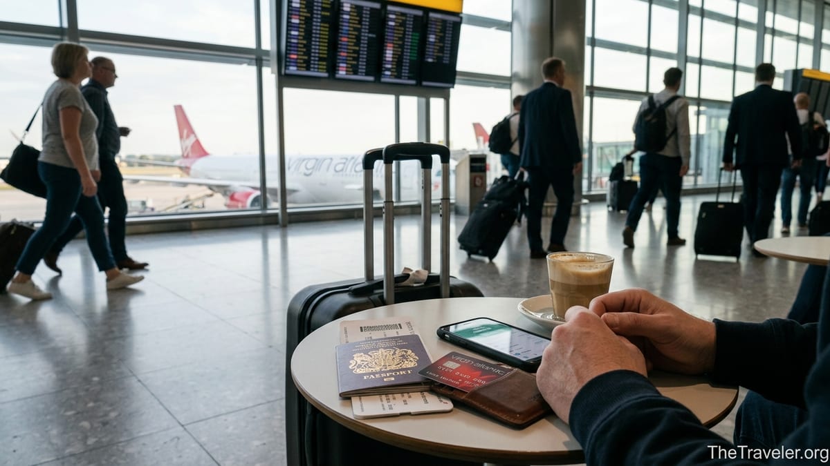 Traveler at Heathrow airport holding a Virgin Atlantic Reward credit card beside passport and boarding pass.