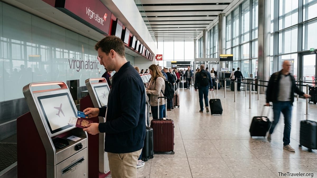 Traveler holding a credit card at a Virgin Atlantic check in kiosk at Heathrow.