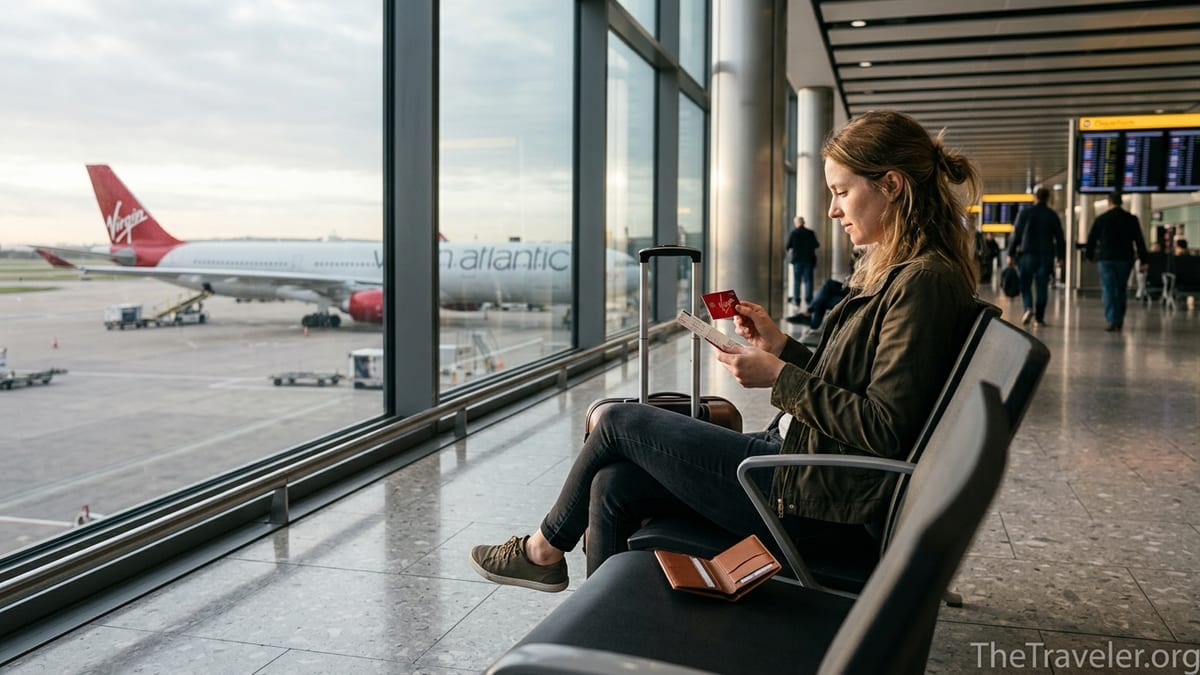 Traveller holding a Virgin Atlantic credit card by a Heathrow airport window with a Virgin aircraft outside.