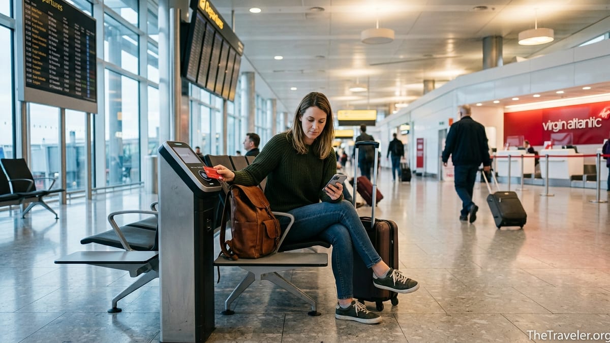 Traveler holding a Virgin Atlantic Reward credit card in an airport departure hall