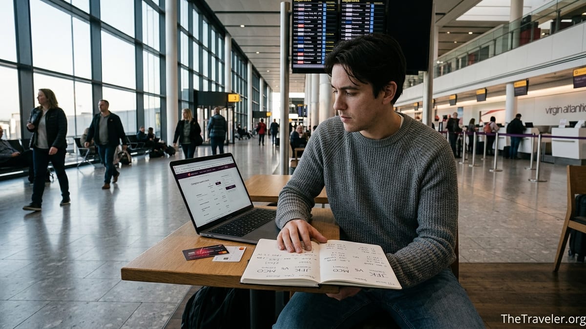 Traveler in an airport lounge comparing a Virgin Atlantic Reward+ card with other options.