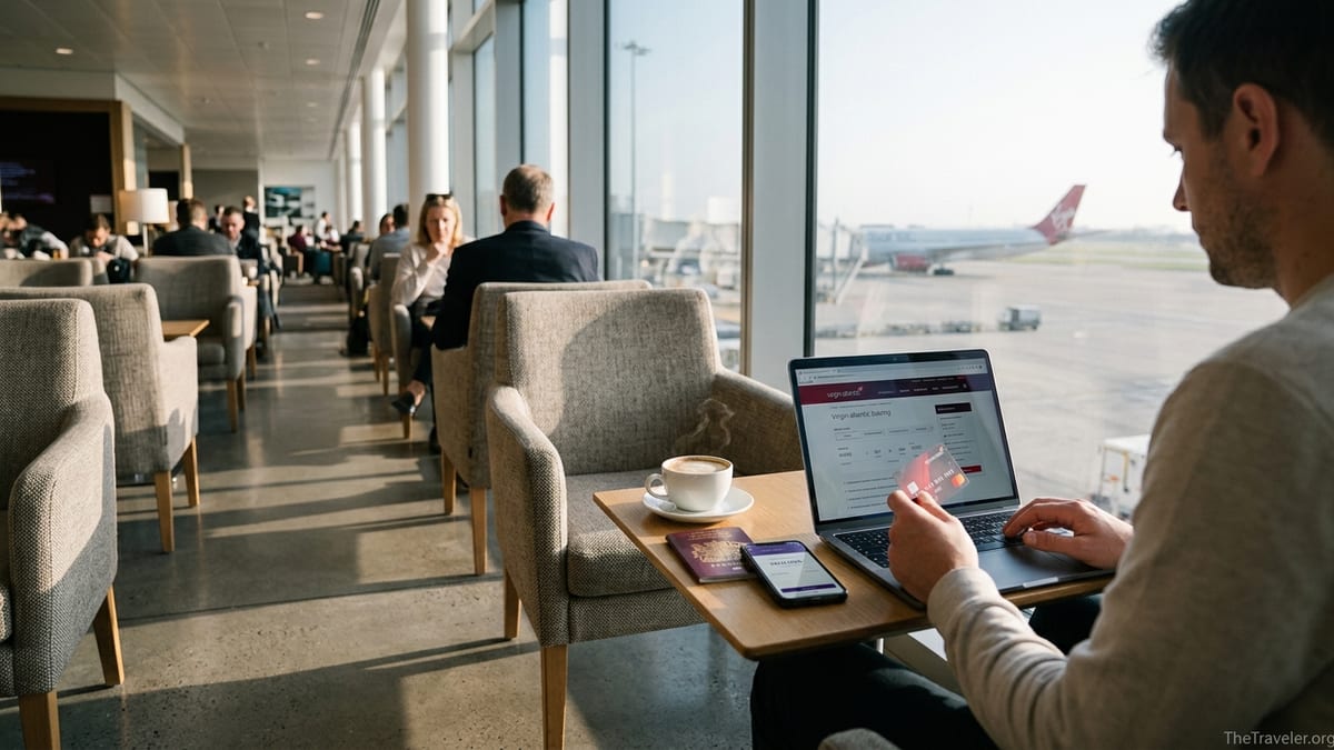 Traveller in an airport lounge using a Virgin Atlantic credit card to book a flight online.