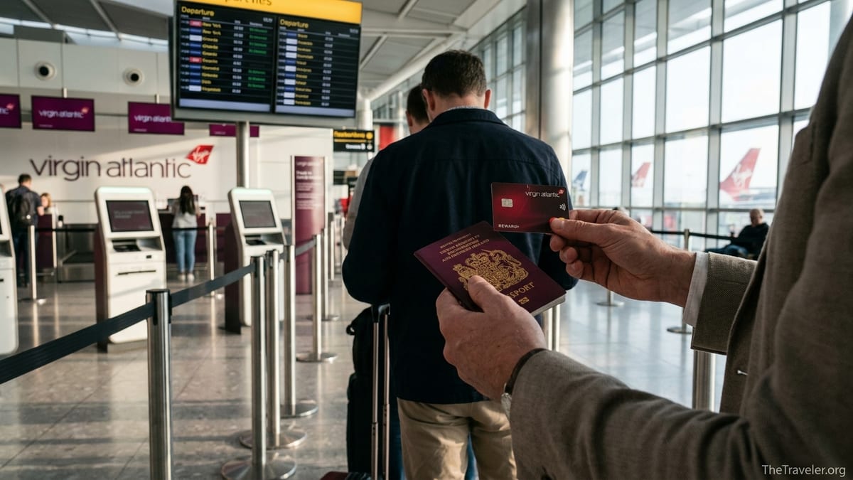 Traveller holding a Virgin Atlantic Reward+ credit card at Heathrow check-in area.