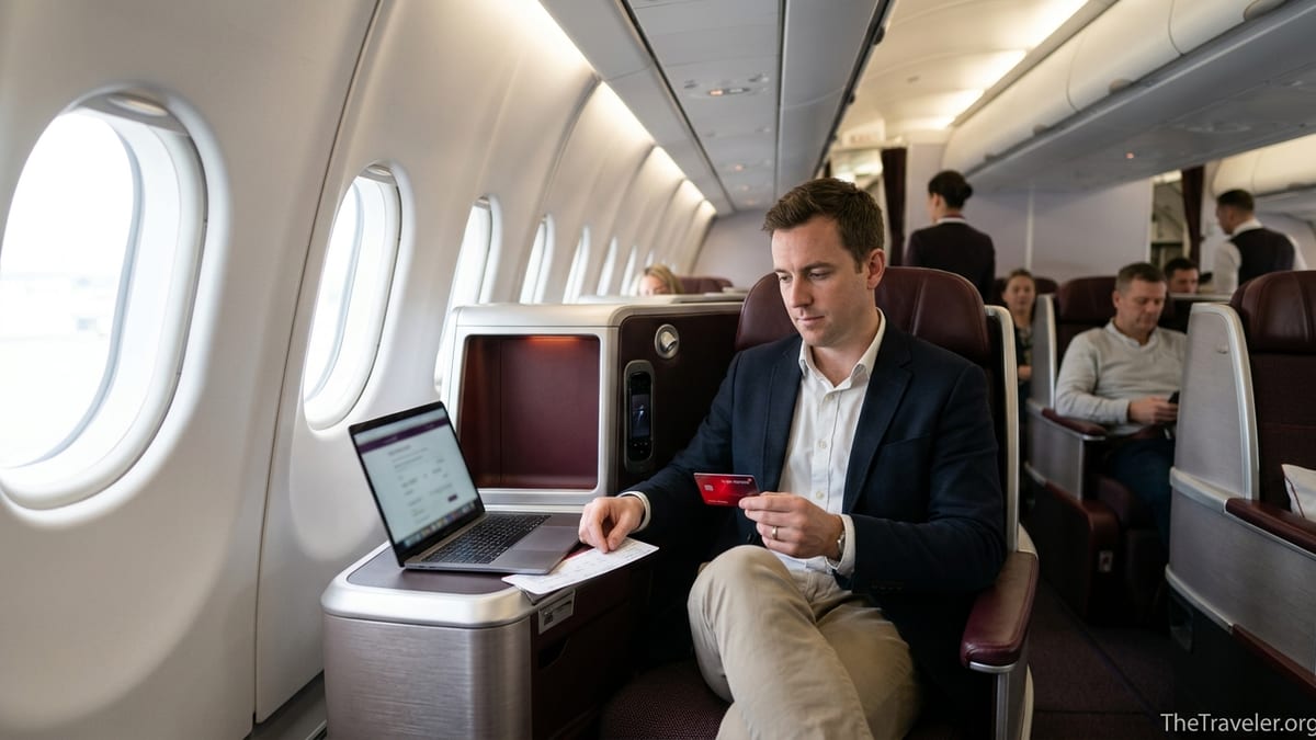 Traveler in Virgin Atlantic Upper Class cabin reviewing a Virgin credit card beside a laptop mid flight.
