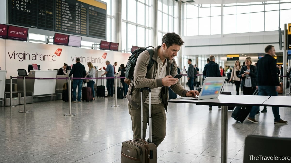 Traveller at Virgin Atlantic check-in reviewing credit card rewards on laptop at Heathrow.