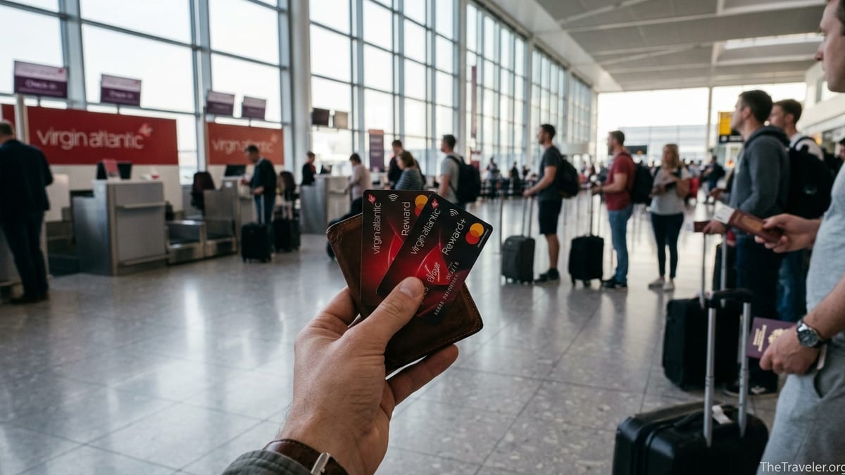Traveler holding Virgin Atlantic Reward and Reward+ credit cards in an airport departure hall.