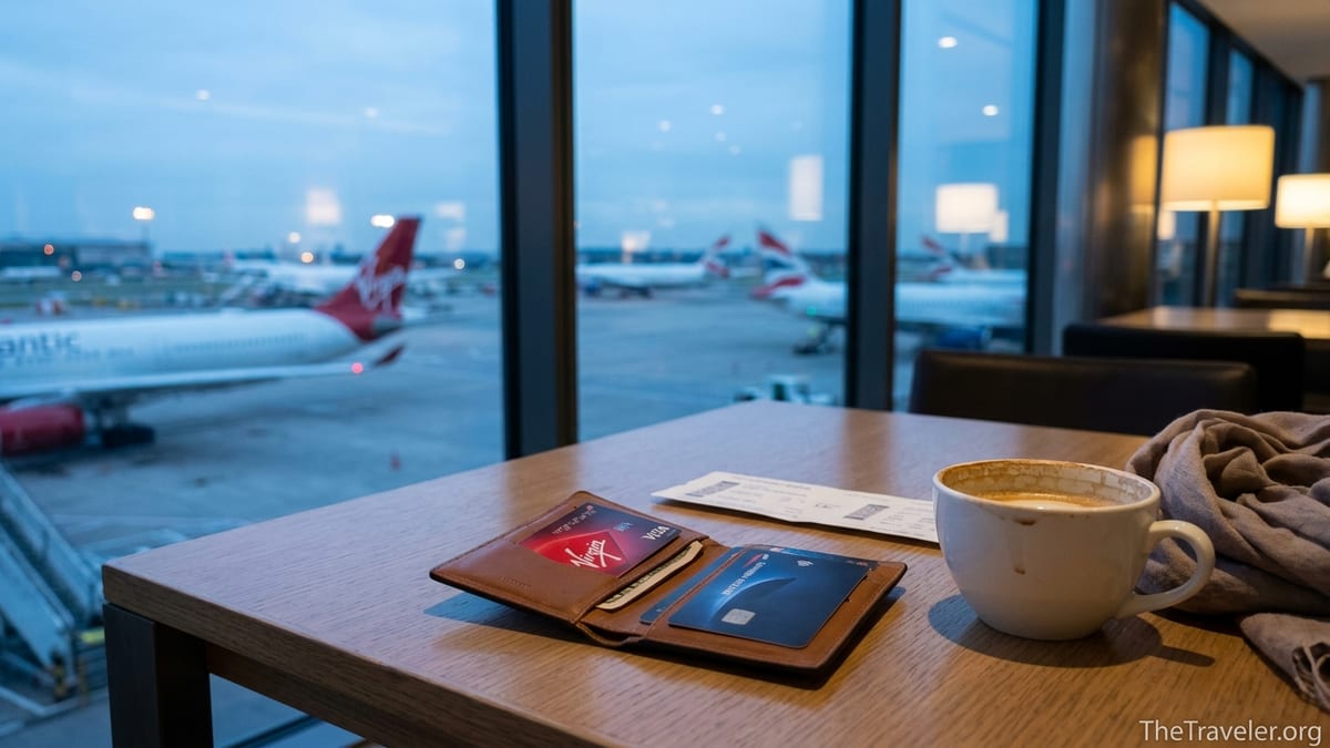 Airport lounge table with Virgin Atlantic and British Airways credit cards and planes outside window at twilight.