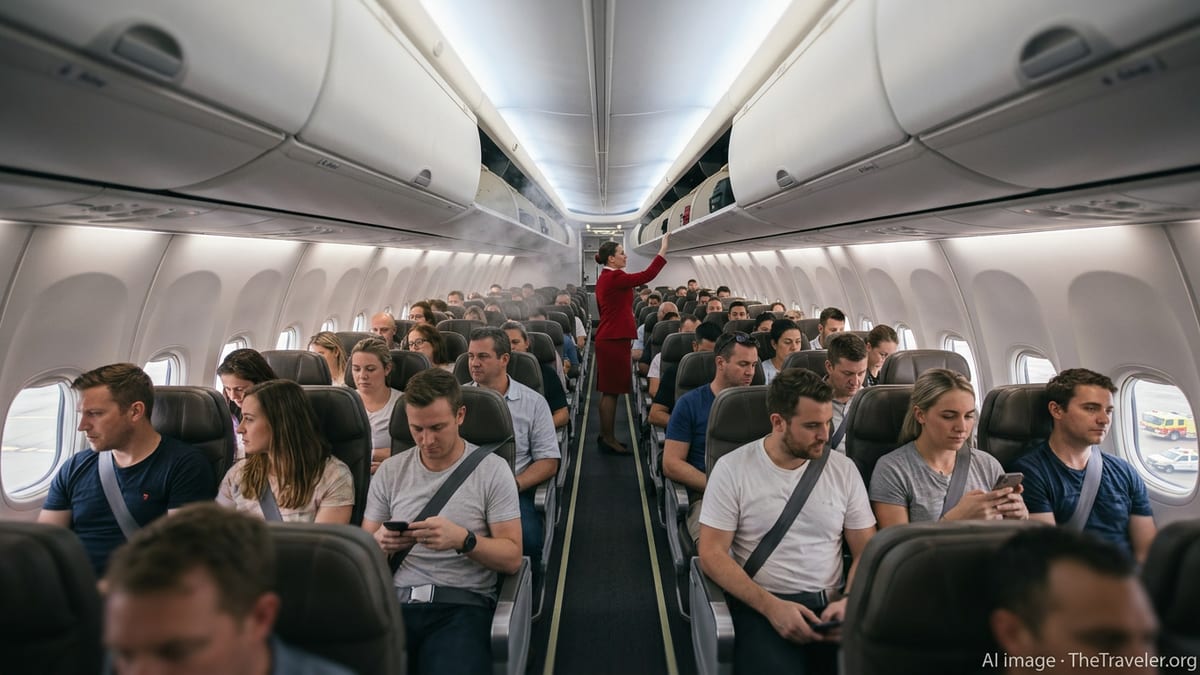 Virgin Australia cabin after landing with calm passengers and crew following a minor onboard incident.