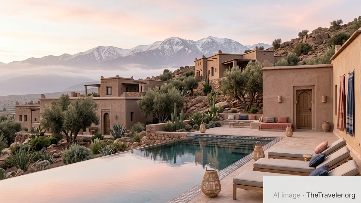 Luxury Moroccan retreat with infinity pool and Atlas Mountain views near Marrakech at sunrise.