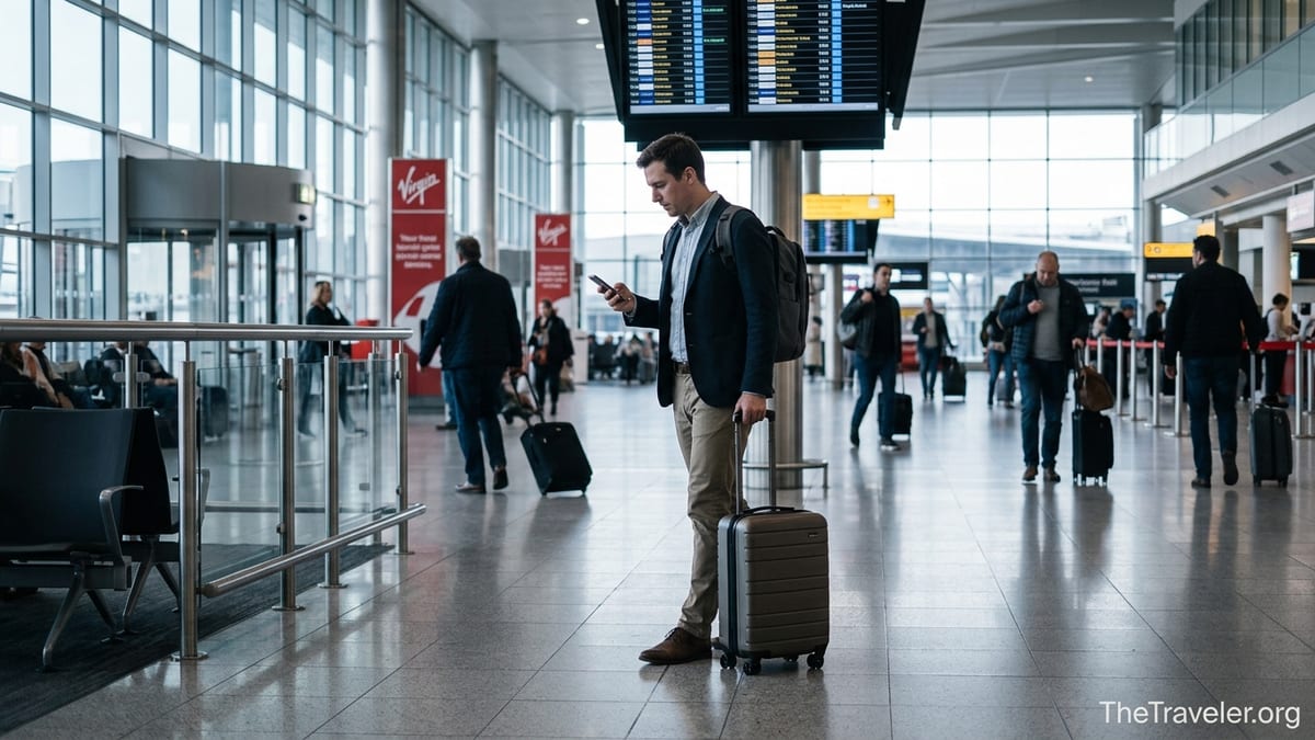 Frequent traveler walking through an airport terminal checking travel insurance on their phone.