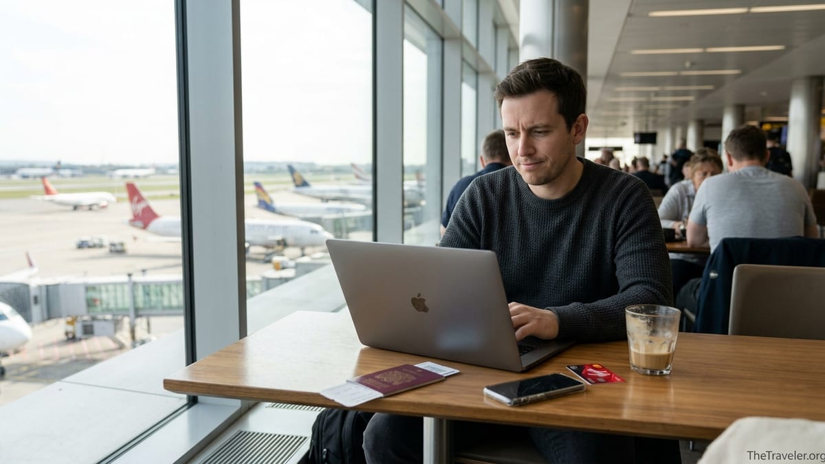 Traveler comparing Virgin Money travel insurance on a laptop in an airport lounge.