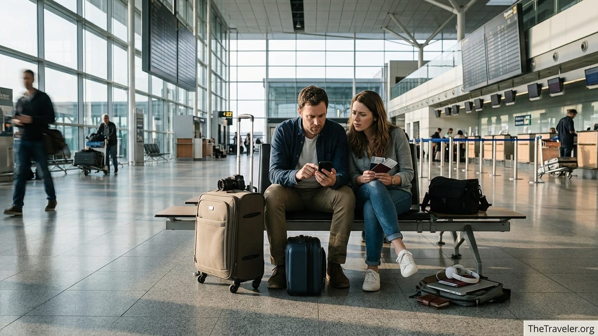 Concerned travellers in an airport reading fine print on a travel insurance policy.