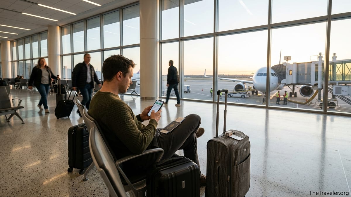 Traveler checking travel insurance on phone while waiting with luggage in an airport lounge at sunrise.