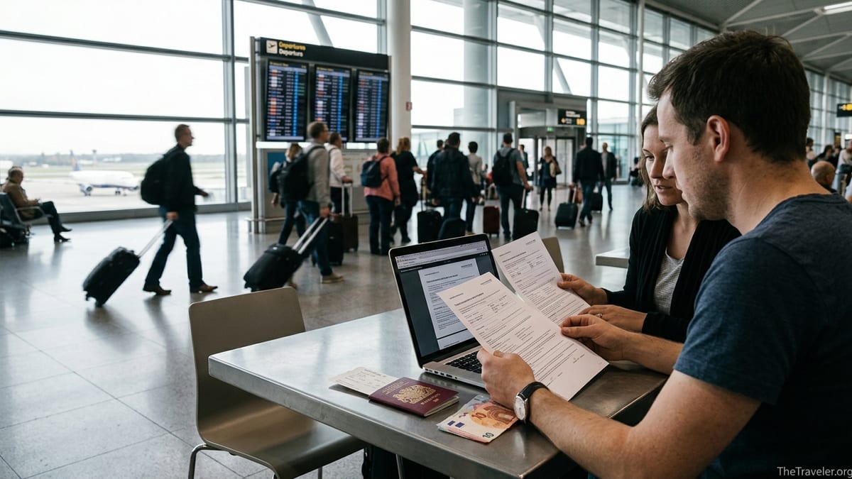 Travellers in an airport terminal comparing travel insurance documents on a laptop before a flight.