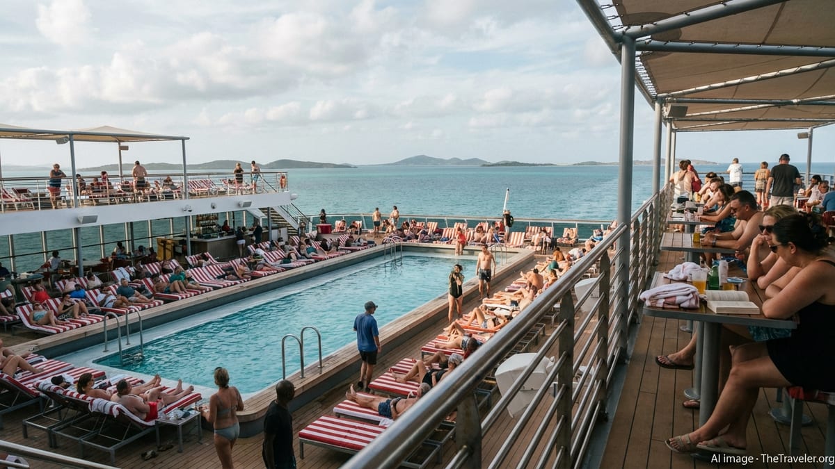 Adults-only pool deck on a Virgin Voyages ship during a sunny 5-night Caribbean cruise.
