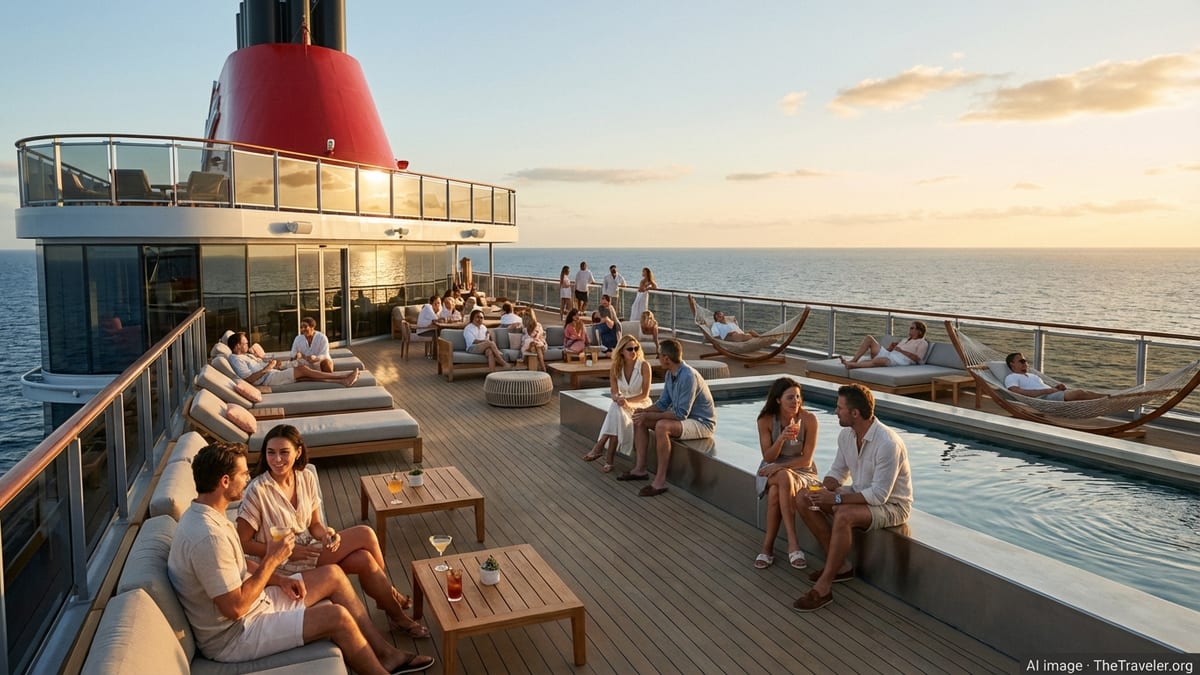 Adults relaxing on the open deck of a Virgin Voyages ship at sunset, enjoying a kid-free cruise.