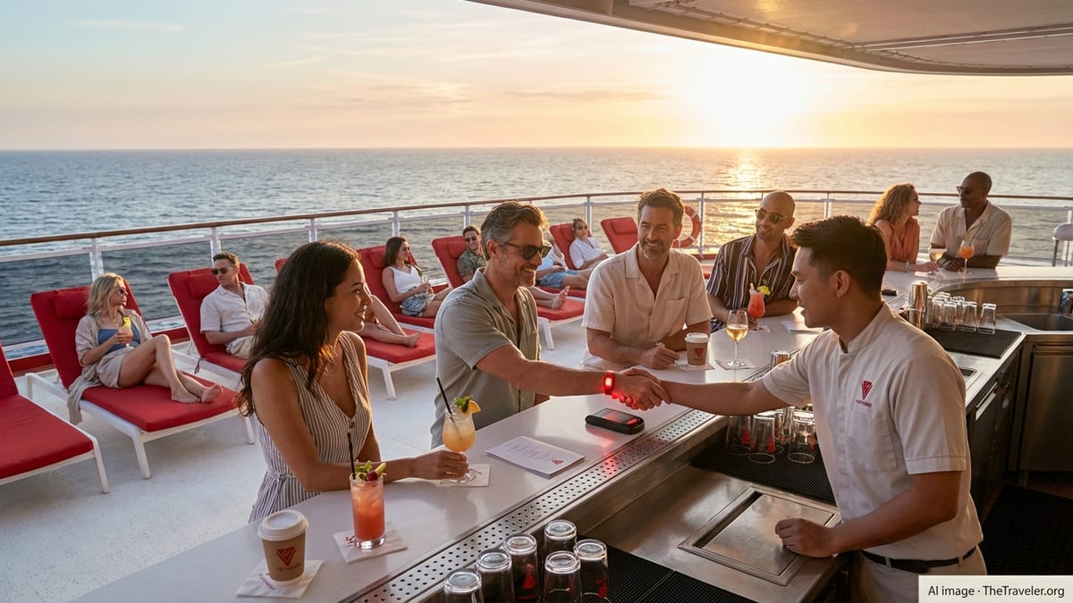 Adults enjoying drinks by a Virgin Voyages pool bar at sunset, tapping wristbands to pay.