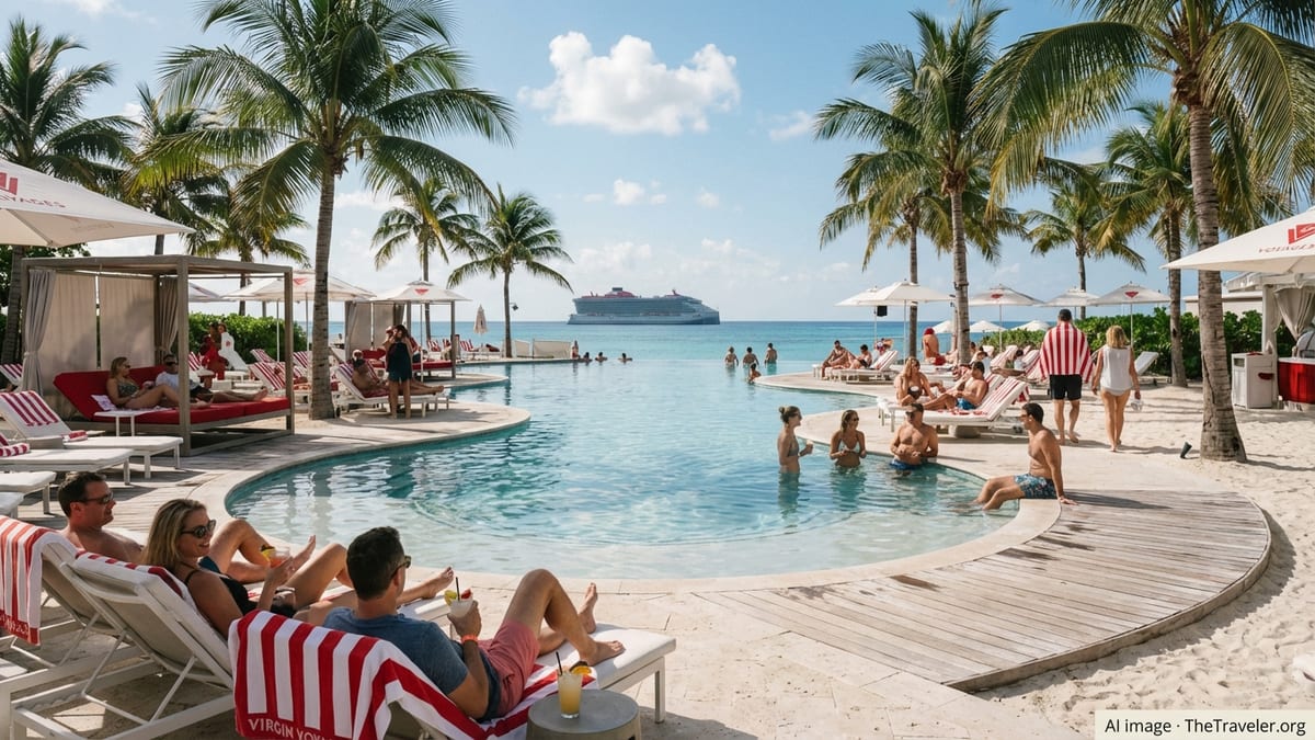 Adults relax around the pool at Virgin Voyages’ Beach Club at Bimini with the ship anchored offshore.