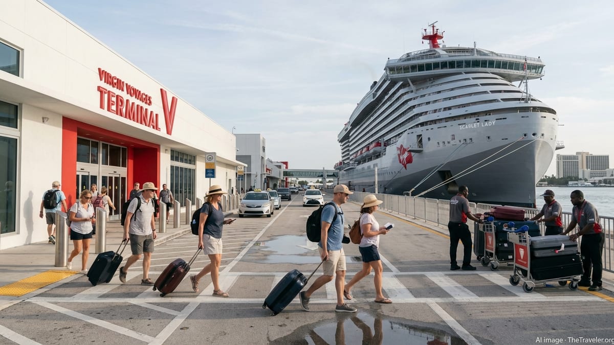 Travelers with suitcases walking toward Virgin Voyages Terminal V in Miami on embarkation day.