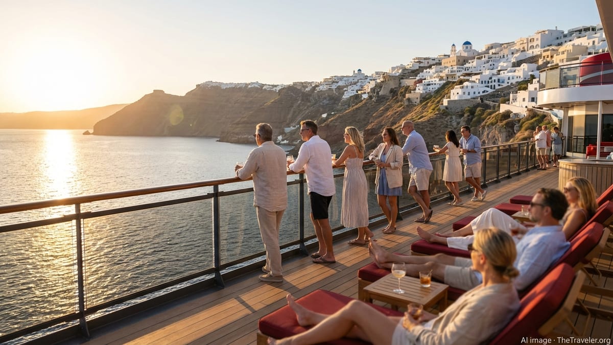 View from a Virgin Voyages ship over the Mediterranean toward a whitewashed coastal town at sunset.