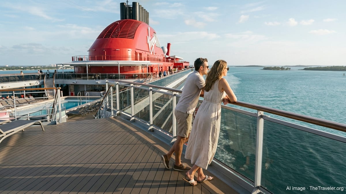 Couple on deck of a Virgin Voyages ship looking out over the sea on a sunny day