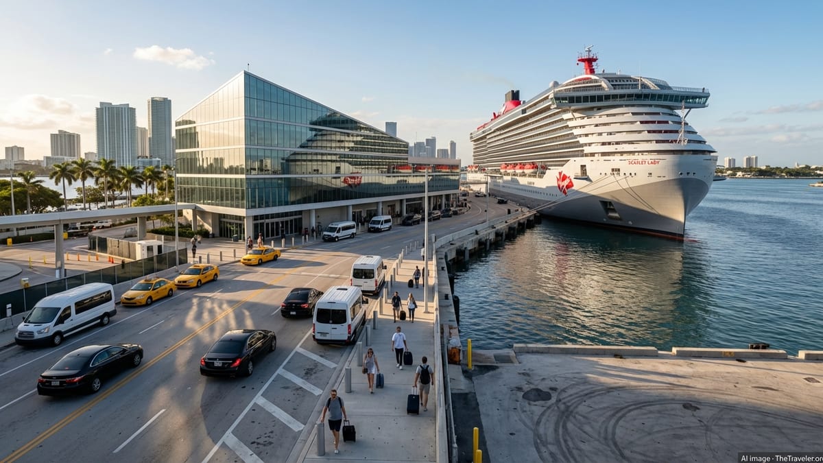Virgin Voyages ship at Terminal V in Miami with taxis and shuttles at the port entrance