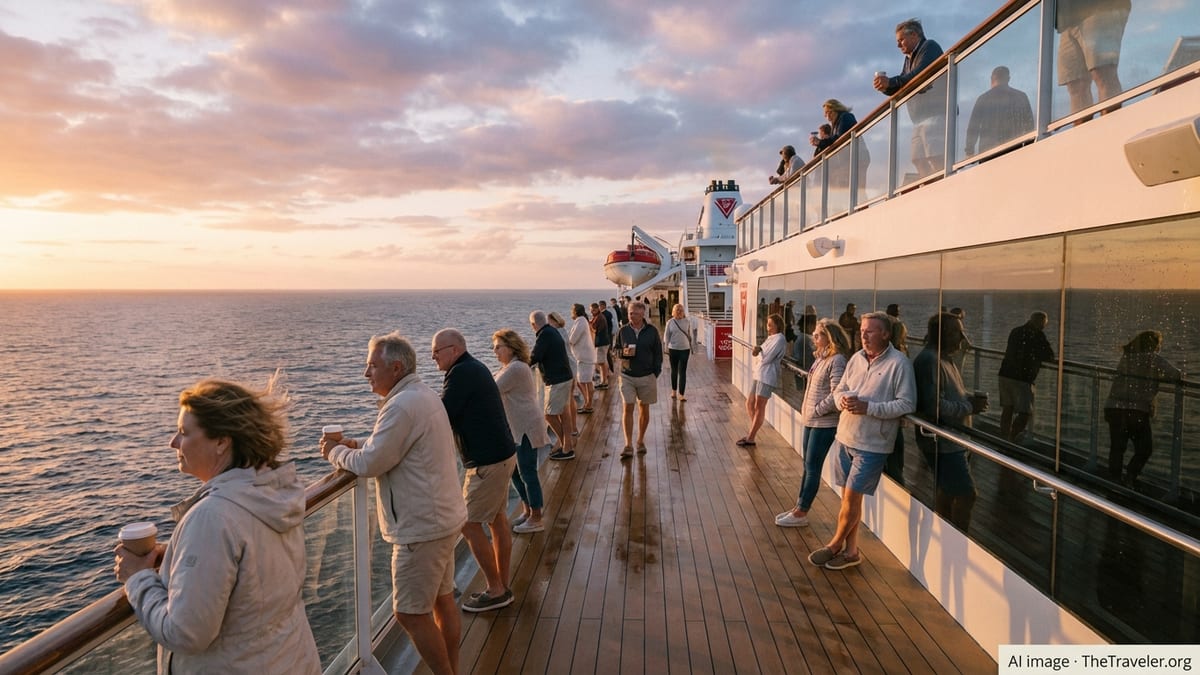 Adults walking along an upper deck of a Virgin Voyages cruise ship at sunrise with calm sea views.