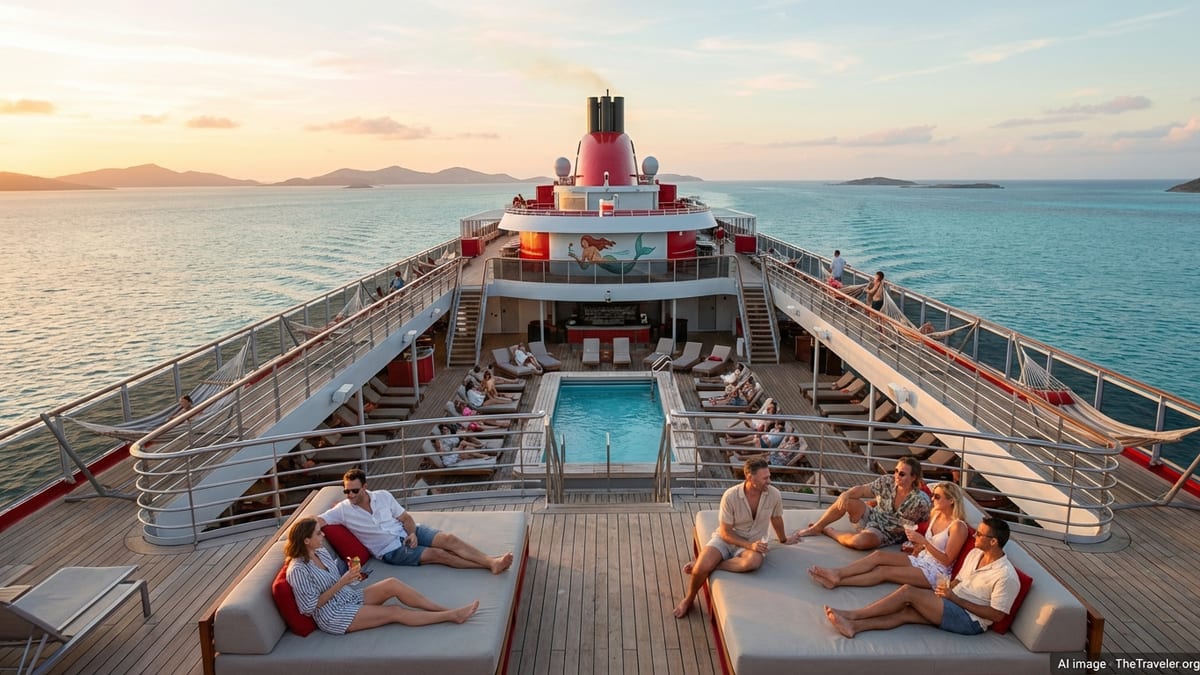 Adults relaxing on deck of a Virgin Voyages ship at sunset in the Caribbean.
