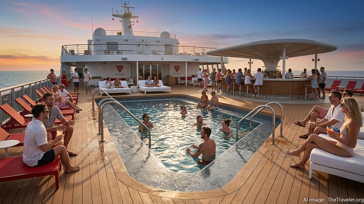 Adults enjoying the pool deck on a Virgin Voyages ship at sunset.
