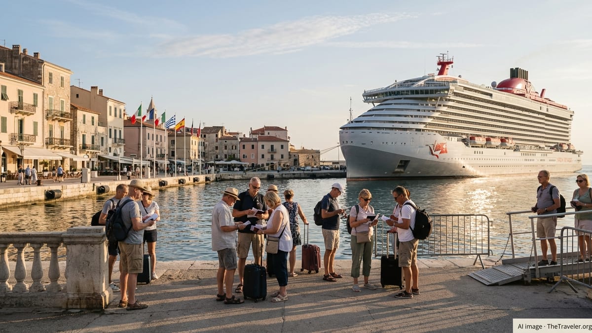 Travelers with passports boarding a Virgin Voyages ship at a European harbor at sunset.