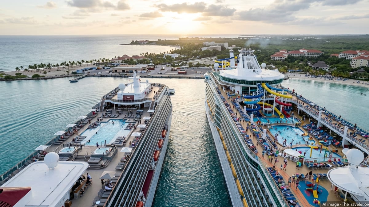 Aerial view of two contrasting cruise ships, one adults-only and one family-focused, docked in a tropical Caribbean port.