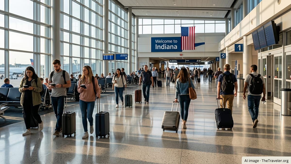 International travelers walking through Indianapolis airport arrivals hall with Indiana welcome signage.