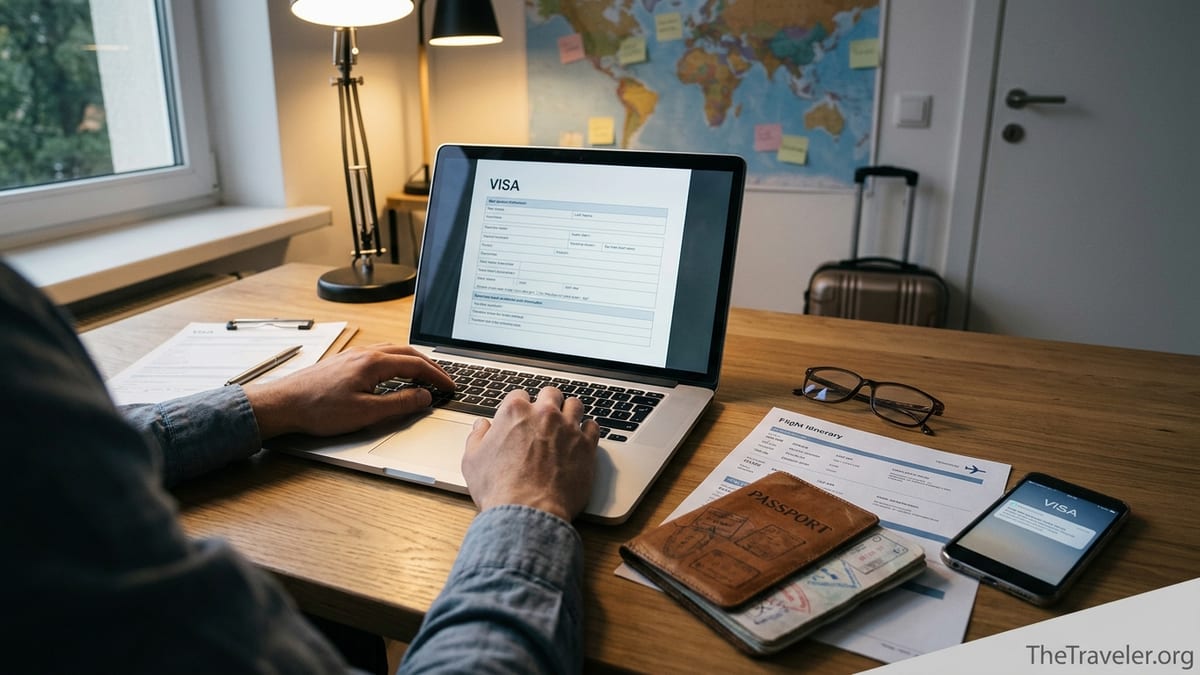 Traveler comparing online visa application options at a laptop with passport and documents on a desk.