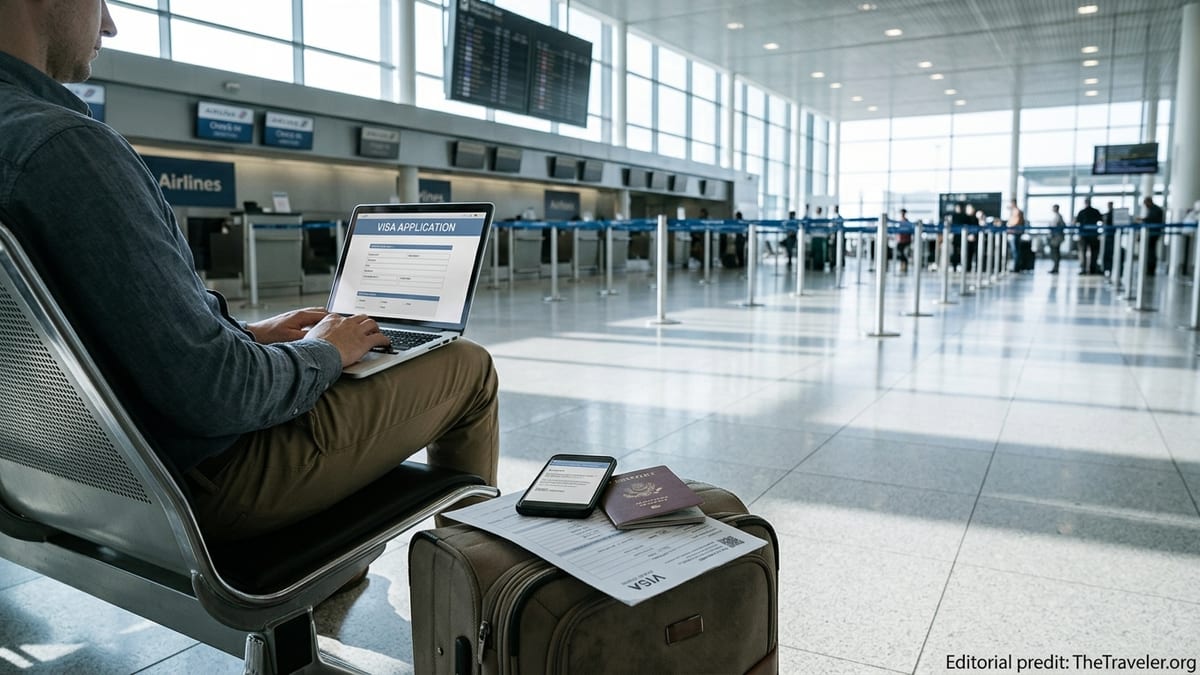 Traveler in an airport filling online visa forms with passport and luggage nearby.