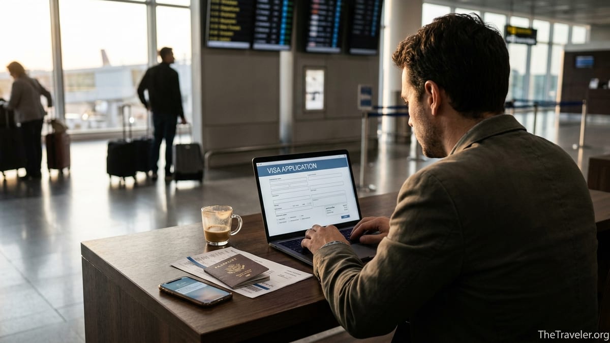 Traveler in an airport lounge reviewing an online visa form on a laptop next to a passport.