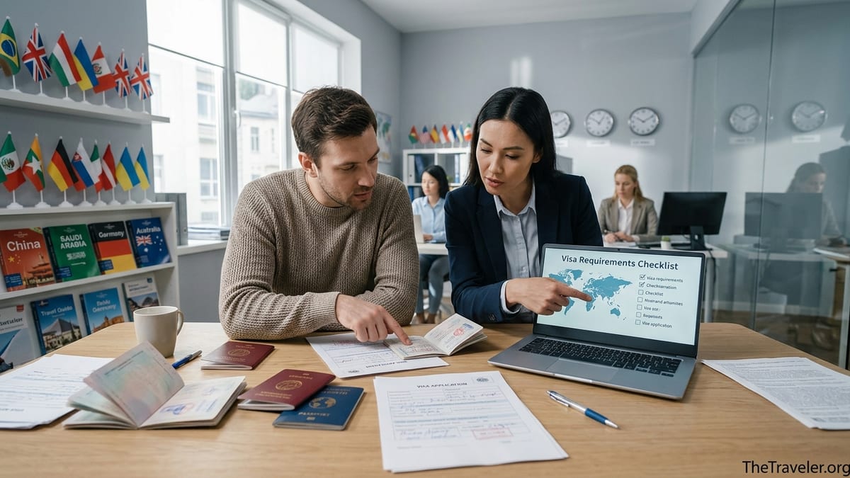 Traveler and visa consultant reviewing passports and visa forms in a modern office.